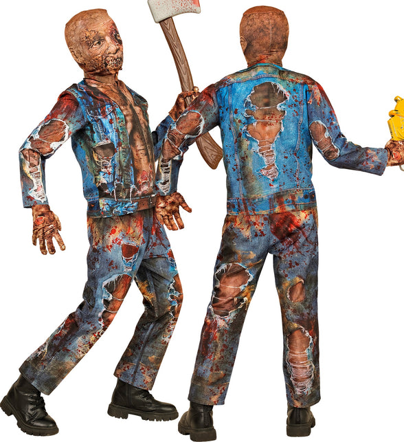 Kind in zombie kostuum Liv in strompelende pose, gescheurde broek en vuile zombiehandschoenen