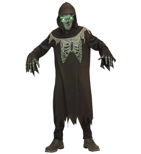 Kind in zwart Magere Hein gewaad met gerafelde zoom en skelethandschoenen voor Halloween
