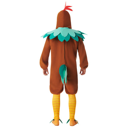Kippenpak heren achterkant met turquoise staart, puntige kraag en geel-oranje gestreepte beenmouwen