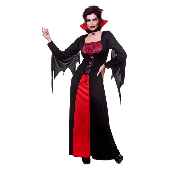 Klassiek vampier jurkje in zwart met rode baan, hoge rode kraag en vleermuismouwen voor Halloween