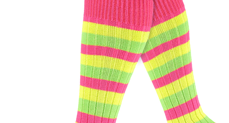 Kniekousen pink neon gestreept met neongele en groene strepen, ribgebreid, voor een jaren 80-feest