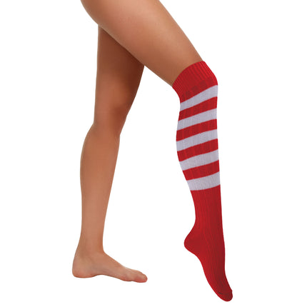 Kniekousen rood wit gestreept van acryl, circa 55 cm lang, gedragen tot onder de knie voor carnaval