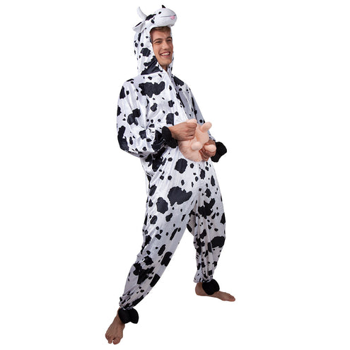 Koe onesie zijaanzicht met zwarte pluche hoefjes aan enkels en manchetten