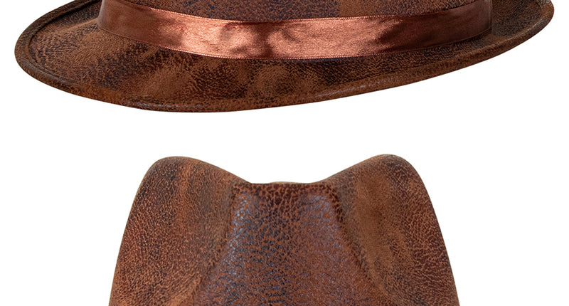 Kojac hoed leather look bruin, voor- en achterzijde met satijnen sierband