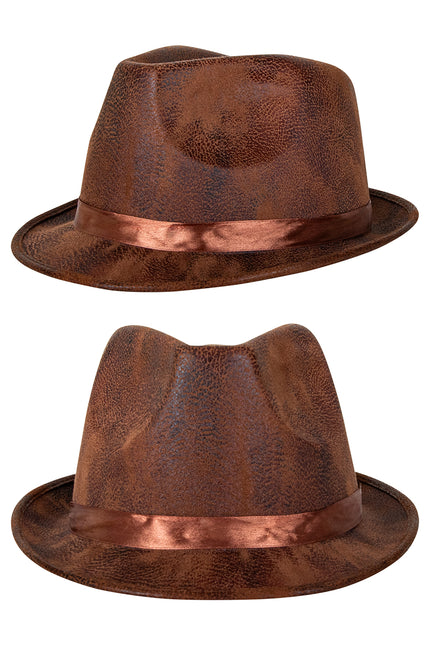 Kojac hoed leather look bruin, voor- en achterzijde met satijnen sierband