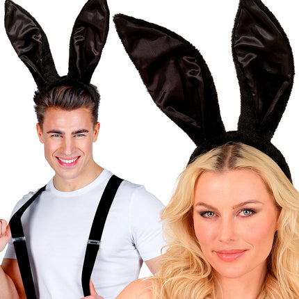 Konijn oortjes buigbaar zwart gedragen door man en vrouw op een verkleedfeest