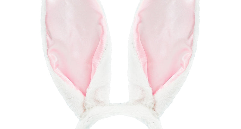 Konijnenoren buigbaar wit met roze satijnen binnenkant op witte diadeem, vooraanzicht