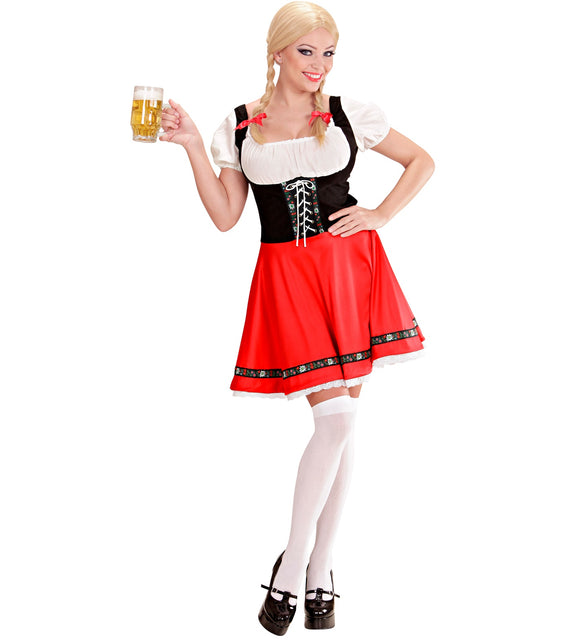 Kort Beiers dirndl jurkje dames in rood, gedragen op een bierfeest