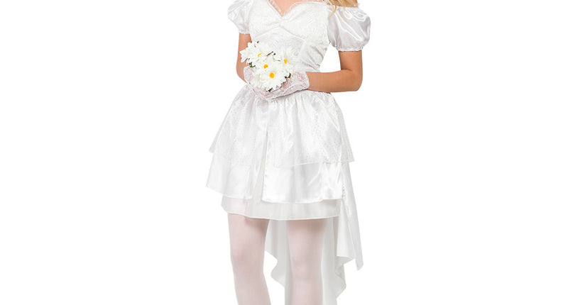 Kostuum bruid Halloween dames, witte jurk met pofmouwtjes, sluier en kanten handschoenen