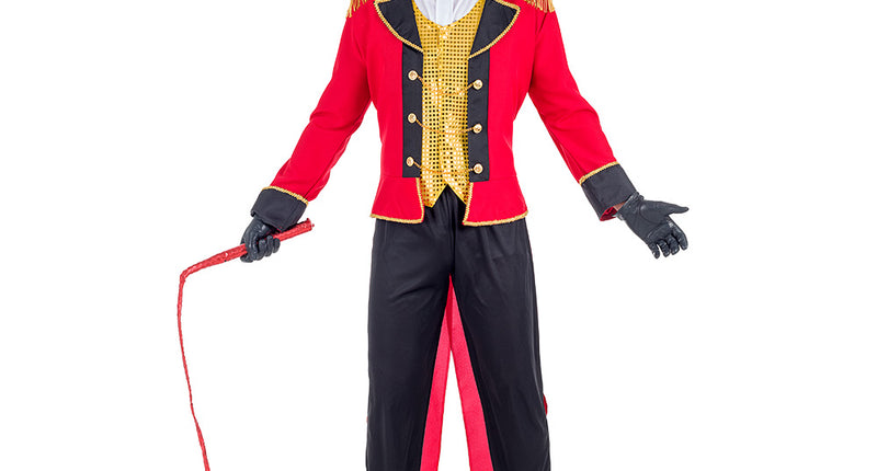 Kostuum circus director ringmaster heren met rode slipjas, gouden paillettengilet en rode vlinderstrik