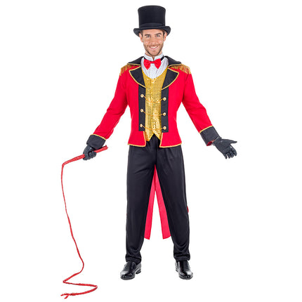 Kostuum circus director ringmaster heren met rode slipjas, gouden paillettengilet en rode vlinderstrik