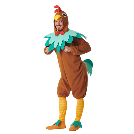 Kostuum El pollo loco kip heren, bruine jumpsuit met kap, rode kam, gele snavel en turquoise kraag, vooraanzicht