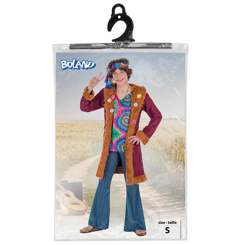 Kostuum Mojo hippie heren in de Boland-verpakking in maat S, met mantel met pluizige bruine rand