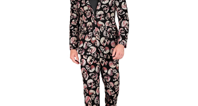 Kostuum schedels halloween: zwart tweedelig herenpak met schedelprint, dichtgeknoopt colbert en lange broek