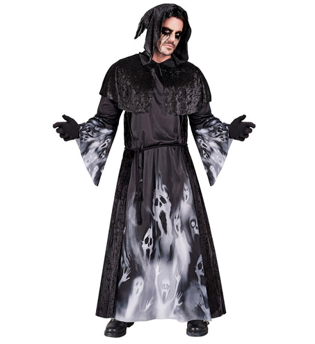 Kostuum schreeuwende zielen heren, zwart gewaad met kap, cape en spookopdruk voor Halloween