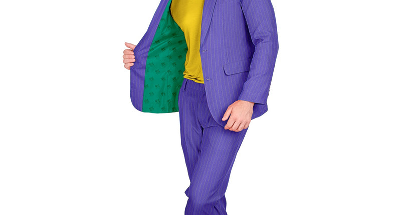Kostuum wreede clown suit paars met krijtstreep en groene voering, voor Halloween