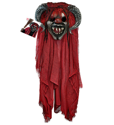 Krampus masker met lange rode gaascape en zwarte haarslierten, volledige achterkant zichtbaar