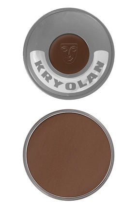Kryolan Cake make-up 101 in bruin, rond potje met logo op de deksel en mat schminkoppervlak
