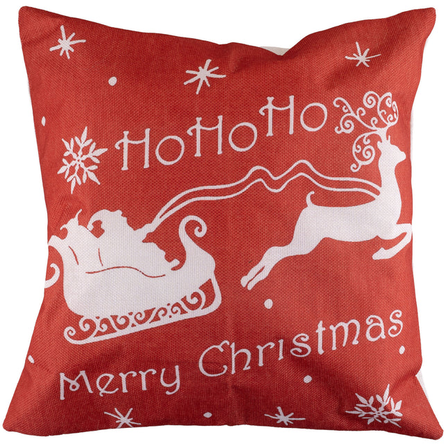 Kussensloop Kerstmis met witte slee en springend rendier op rode stof