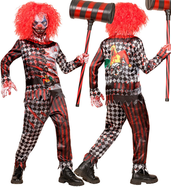Kwaadaardige clown kostuum kind gedragen met masker, geplooide kraag en gepunte zigzagzoom