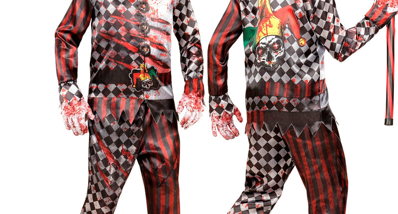 Kwaadaardige clown kostuum Mila kinderen, jas en broek met rode ruiten en bloedspatten, voor Halloween