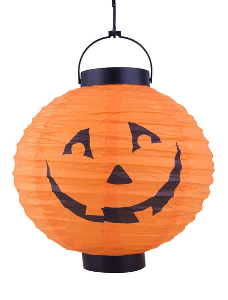 Lampion pompoen met licht, oranje papieren bollampion met zwart pompoengezicht en ophangbeugel voor Halloween