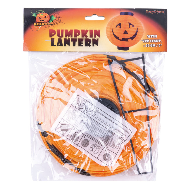 Lampion pompoen plat verpakt met zwarte metalen beugel, ledlicht en ongeveer 20 cm diameter