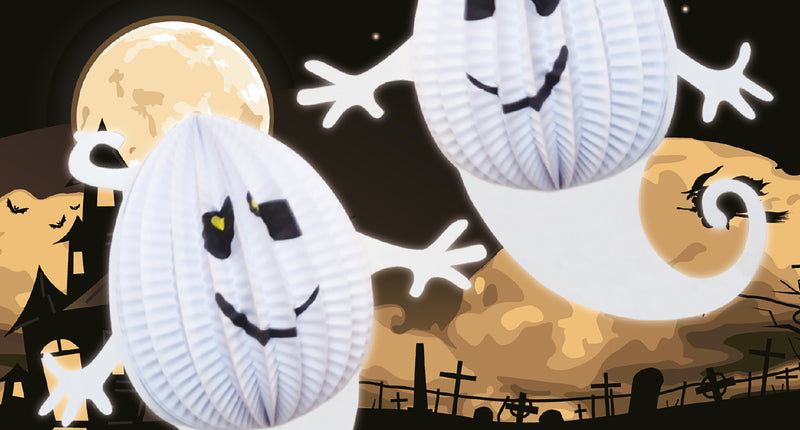 Lampion spook van wit geplooid papier met zwart-gele ogen, lachende mond en gekrulde staart voor Halloween