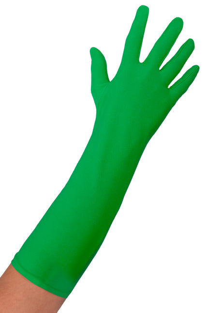 Lange groene handschoen van nylon tot over de elleboog, effen grasgroen met gestikte vingers