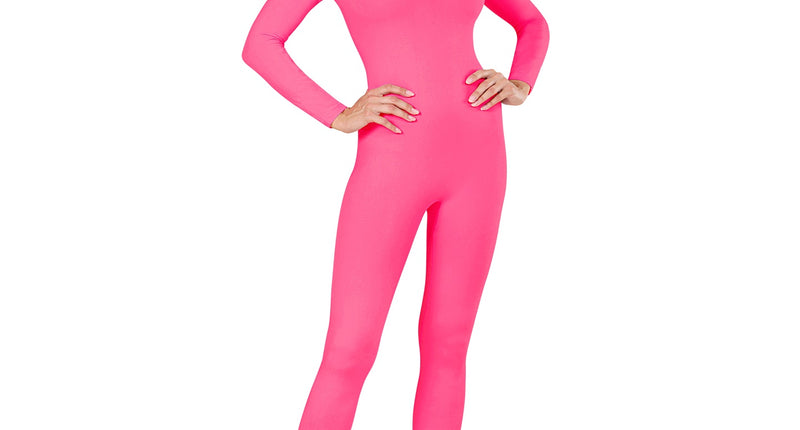 Lange roze body voor dames met lange mouwen en ronde hals, vooraanzicht gedragen voor carnaval