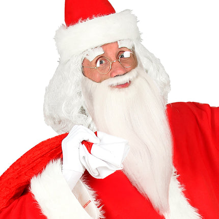 Lange witte baard met snor voor heren, wit haar rond kin en mond, bij een rode kerstoutfit
