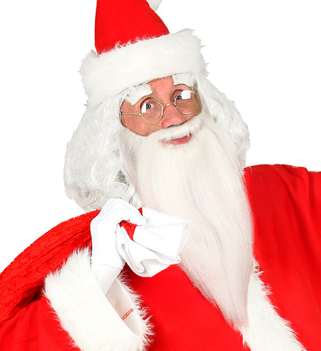 Lange witte baard met snor voor heren, wit haar rond kin en mond, bij een rode kerstoutfit