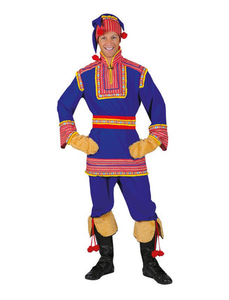 Laplander pak heren in kobaltblauw met rood-gele sierbanden, puntmuts en laarsovertrekken voor carnaval