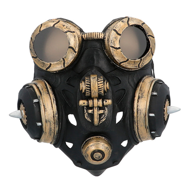 Latex gezichtsmasker Gas master vooraanzicht met tandwieldetail en twee filterbussen met punt
