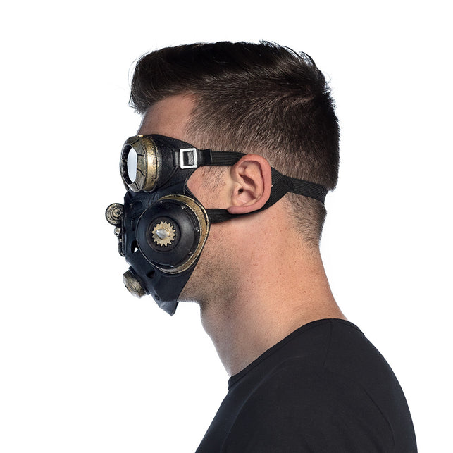 Latex gezichtsmasker Gas master zijaanzicht met zwarte band langs het oor