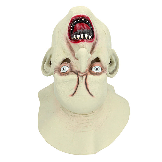 Latex hoofdmasker Balthazar in crèmekleurig latex met open mond op het voorhoofd, voor Halloween