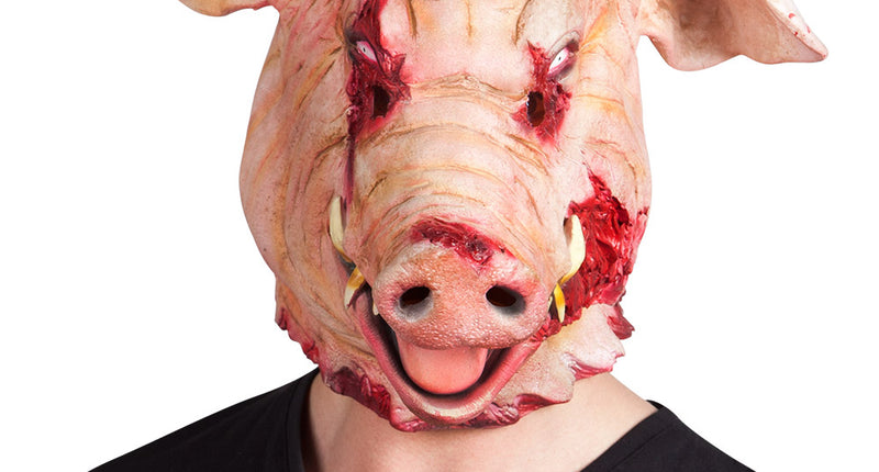 Latex hoofdmasker bloederig varken, roze varkenskop met flaporen, gele tanden en bloedige wonden voor Halloween
