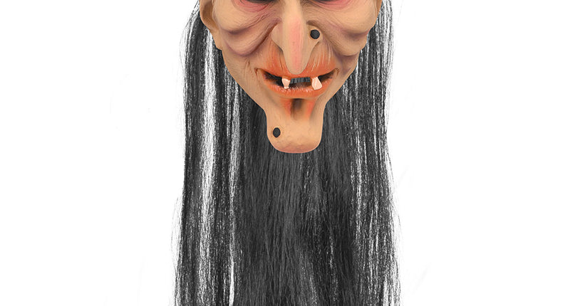 Latex hoofdmasker Creepy butler met kale schedel, kromme neus en lang zwart haar voor Halloween