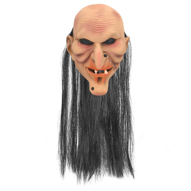 Latex hoofdmasker Creepy butler met kale schedel, kromme neus en lang zwart haar voor Halloween