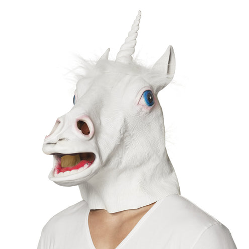 Latex hoofdmasker eenhoorn Snowy in wit met spiraalhoorn, blauwe ogen en witte manen, gedragen op het hoofd