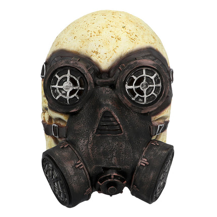 Latex hoofdmasker Gas skull vooraanzicht met twee ronde filterbussen en zilvergrijze oogglazen