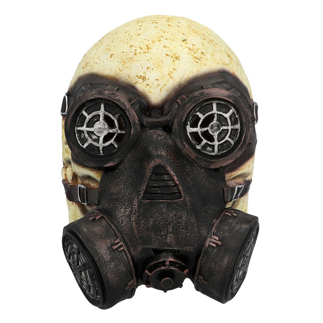 Latex hoofdmasker Gas skull vooraanzicht met twee ronde filterbussen en zilvergrijze oogglazen