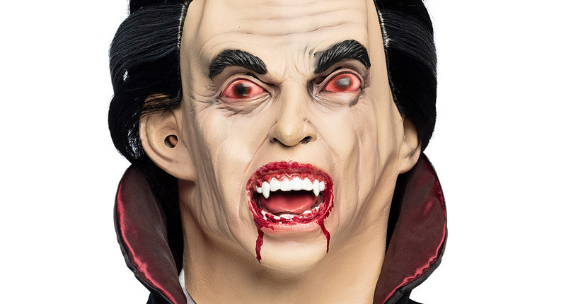 Latex hoofdmasker Graaf Vamp met bleek gezicht, rode ogen en hoektanden voor Halloween