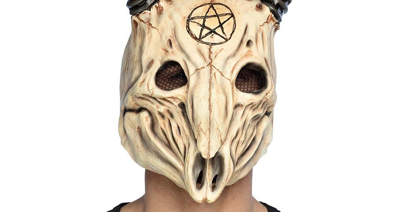 Latex hoofdmasker ram schedel met zwarte hoorns en pentagram, gedragen voor Halloween
