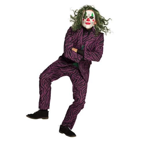 Latex hoofdmasker De Schurk gedragen bij een paars gestreept pak op een themafeest