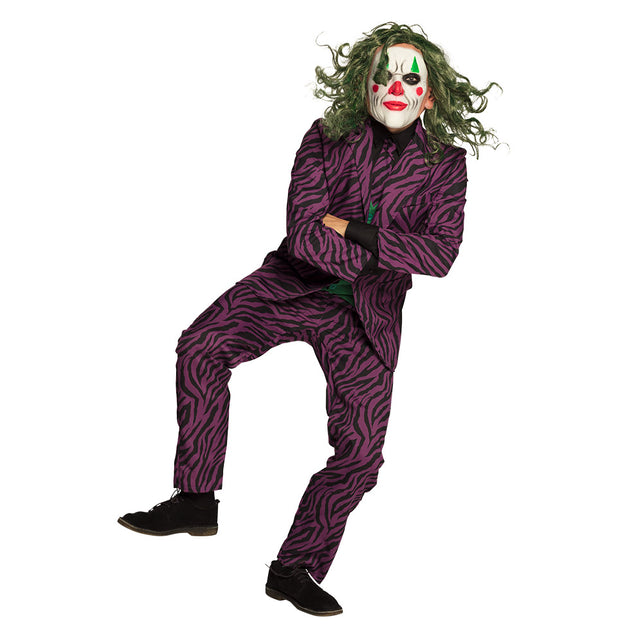 Latex hoofdmasker De Schurk gedragen bij een paars gestreept pak op een themafeest