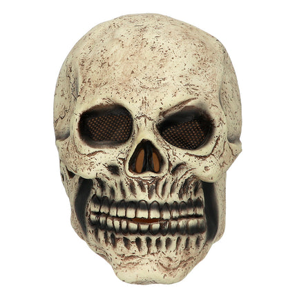 Latex hoofdmasker Skull vooraanzicht met gaas in de oogkassen en grijnzend gebit