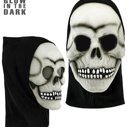 Latex schedelmasker zij- en vooraanzicht met vastgezette zwarte stoffen capuchon