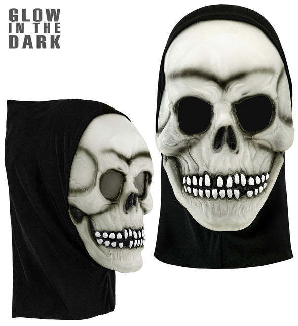 Latex schedelmasker zij- en vooraanzicht met vastgezette zwarte stoffen capuchon