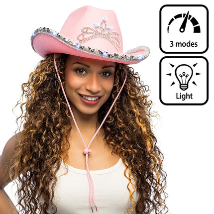 LED cowboyhoed Glimmer roze met tiara, gedragen met brandende lichtjes in de paillettenrand voor carnaval